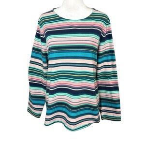 Talbots Woman 2X Long Sleeve Tee Teal Green Pink Multi Stripe Cotton Blend